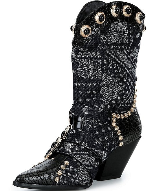 Azalea Wang Balmoral Bandana Print Denim Western Boots