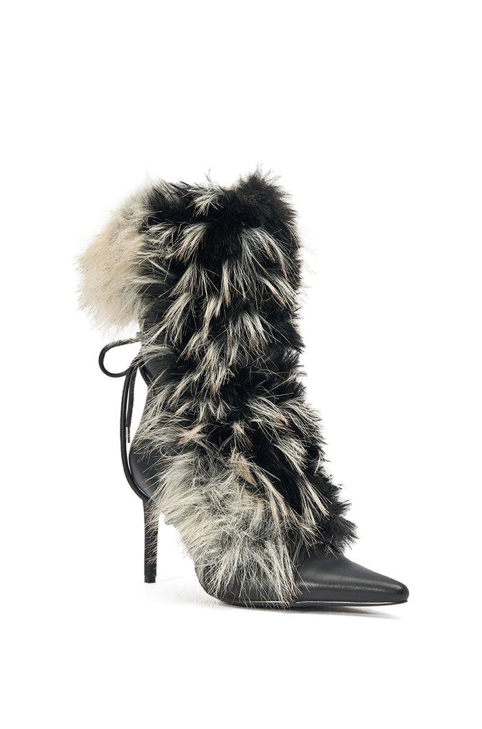 Azalea Wang Mahtama Black and Beige Fur Stiletto Bootie