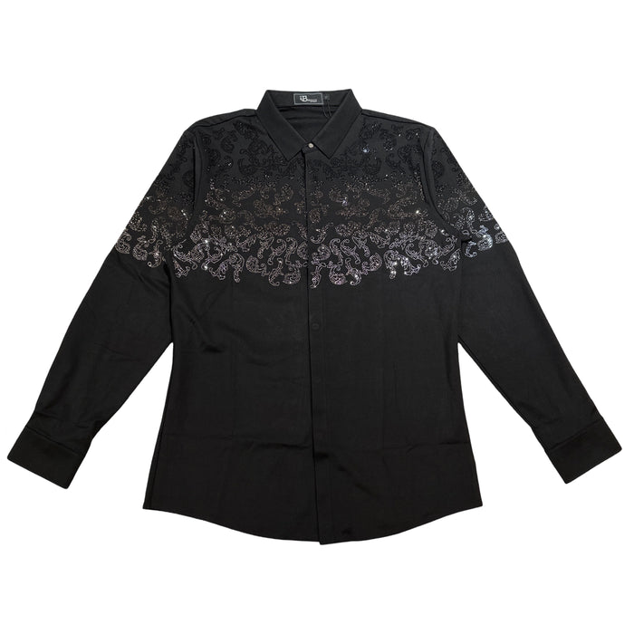 Barocco Silver Crystal Paisley Flame Button Up Shirt - Dudes Boutique