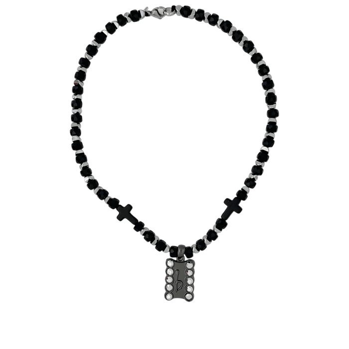 b.b. Simon ‘b’ Logo Black Beaded Necklace-Chrome-Silver - Dudes Boutique