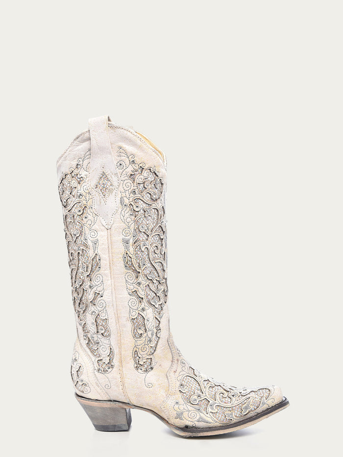Corral Women’s White Glittered Inlay and Crystal Snip-Toe Wedding Cowboy Boot