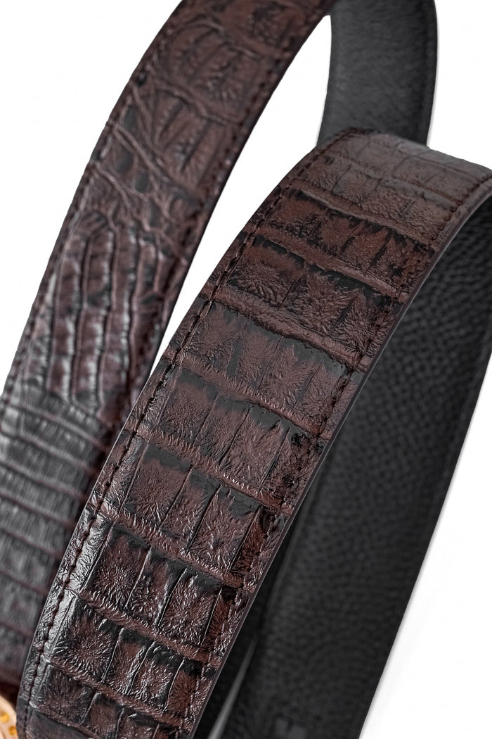 Croc-Embossed Leather Auto BKL Belt – Gold Edition GOLD/COFFEE
