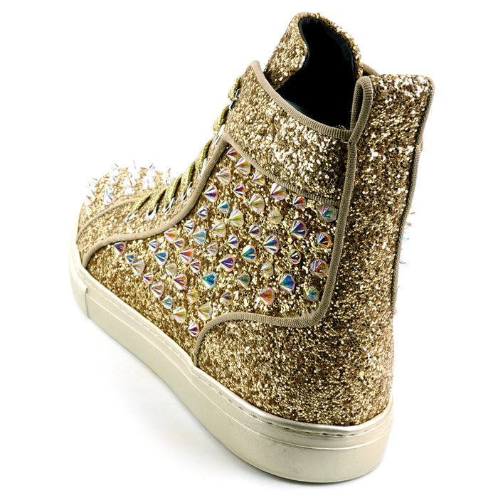 FI-2409 Gold Glitter Gold Spikes Lace up High top Sneaker Encore by Fiesso