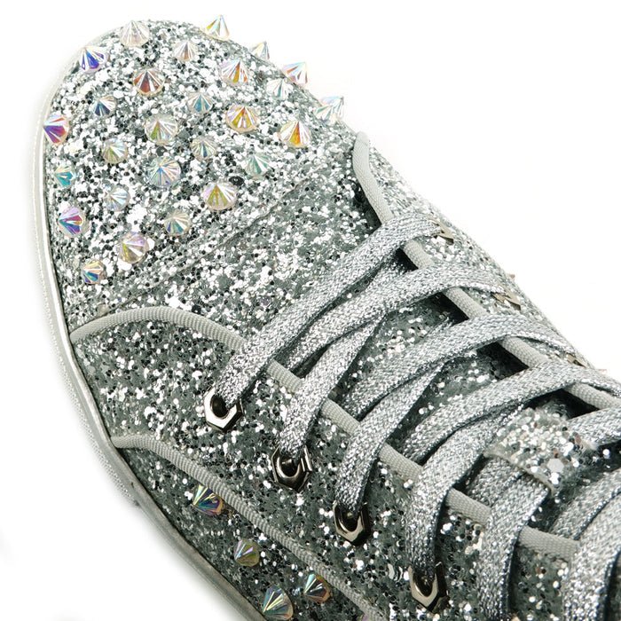 FI-2409 Silver Glitter Silver Spikes Lace up High top Sneaker Encore by Fiesso