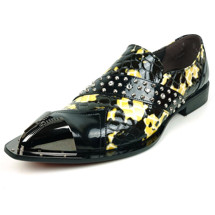 FI-6942 Black/White Genuine Patent Leather Shoe by Fiesso Gun Metal Tip Slip on