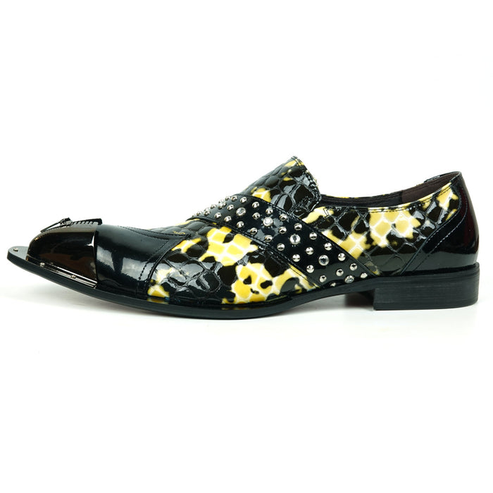 FI-6942 Black/White Genuine Patent Leather Shoe by Fiesso Gun Metal Tip Slip on