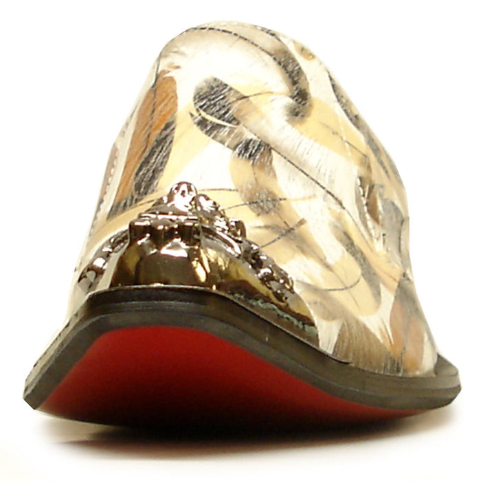FI-6984 Genuine Leather with Multi Color Brown Feathers Design Metal Tip Loafer