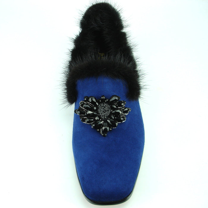 FI-7306 Royal Blue Suede Black Rhinestones Ornament Slip on Fiesso by Aurelio Garcia