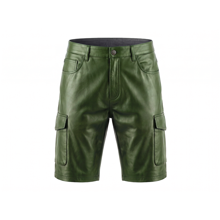 Kashani Forest Green Lambskin Leather Cargo Shorts