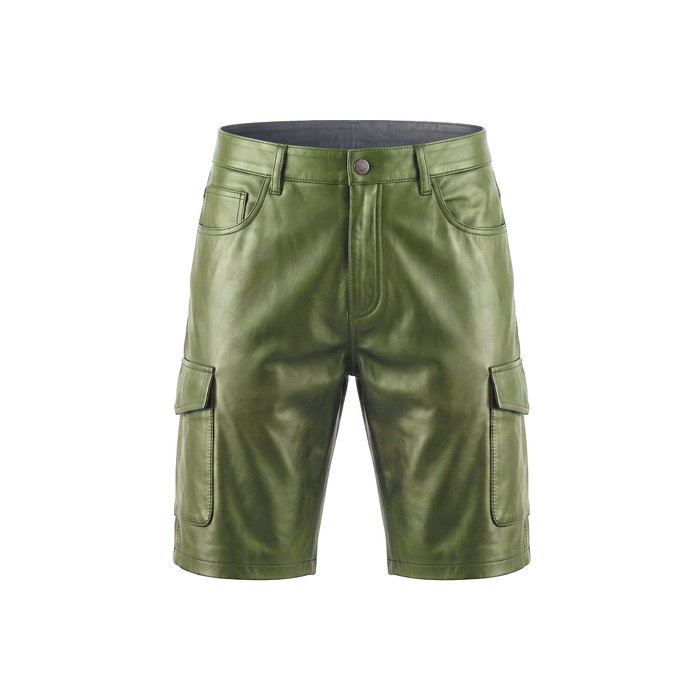 Kashani Olive Green Lambskin Leather Cargo Shorts