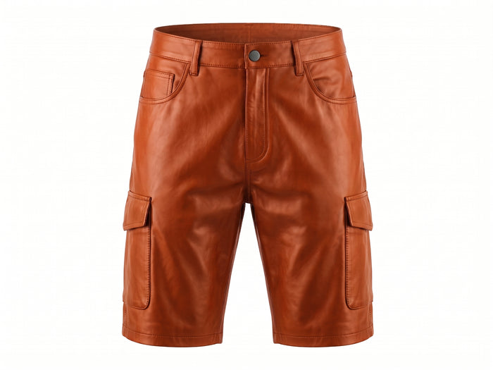 Kashani Orange Lambskin Leather Cargo Shorts