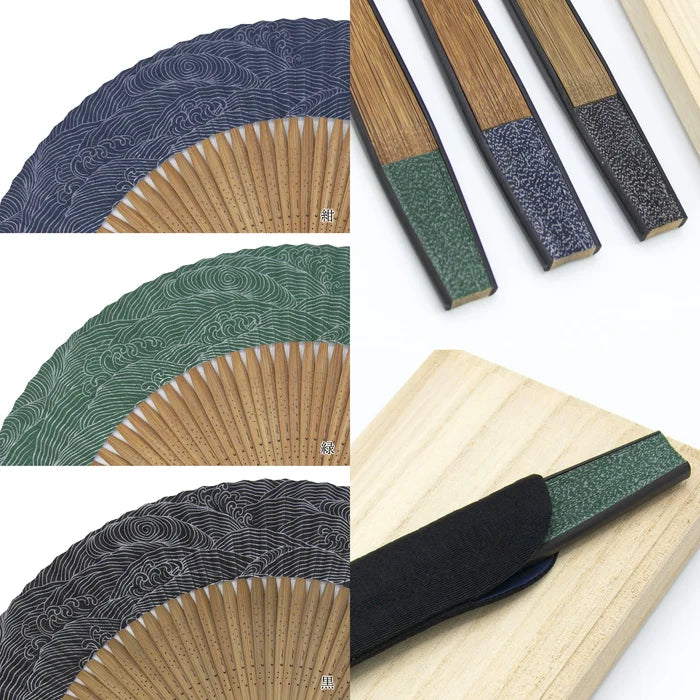Kyo-sensu (Japanese folding fan) for Men - Wave Pattern / Black - , Made in Kyoto, Japan , Kyoto sensu