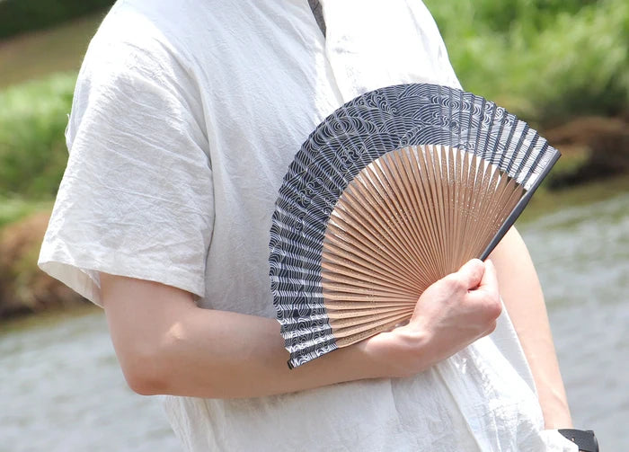 Kyo-sensu (Japanese folding fan) for Men - Wave Pattern / Black - , Made in Kyoto, Japan , Kyoto sensu