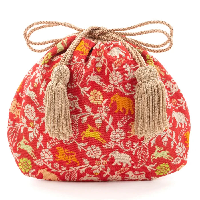 Nishijin-ori Small Drawstring Bag - Tiger / Red -,  Made in Kyoto, Japan,  Japanese traditional craft purse
