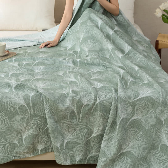 Ownkoti Artistic Green Ginkgo Cotton Gauze Quilt