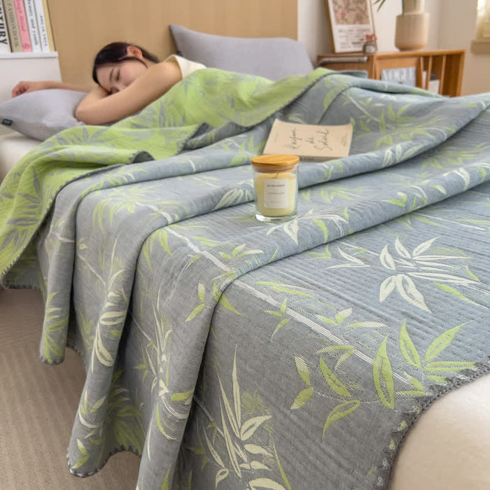Ownkoti Bamboo Print Cotton Layers Gauze Reversible Coverlet