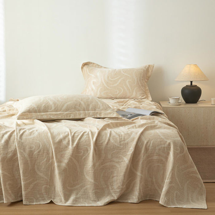 Ownkoti Beige Curve Textured Cotton Linen Bedspread