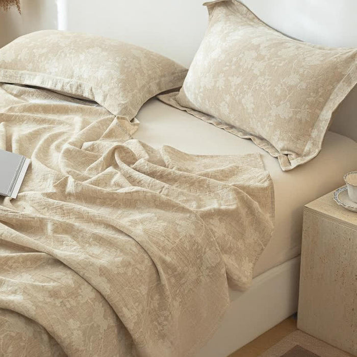 Ownkoti Beige Floral Textured Cotton Linen Bedspread