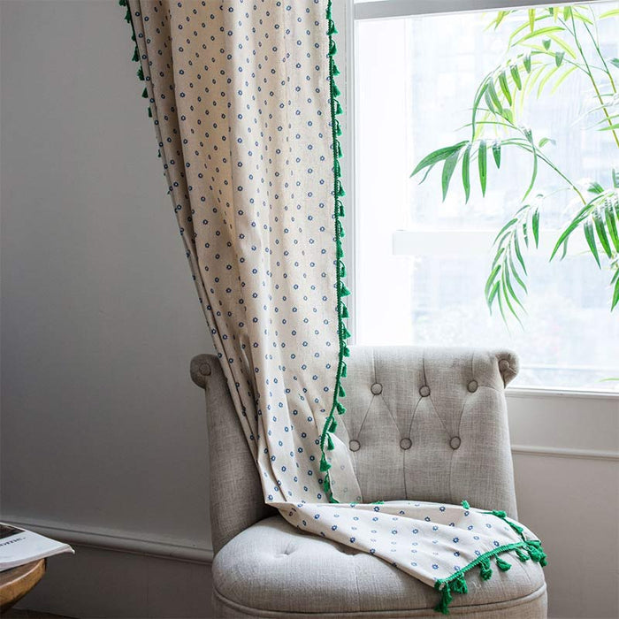 Blue Daisy Green Brim Cotton Curtain - image 4