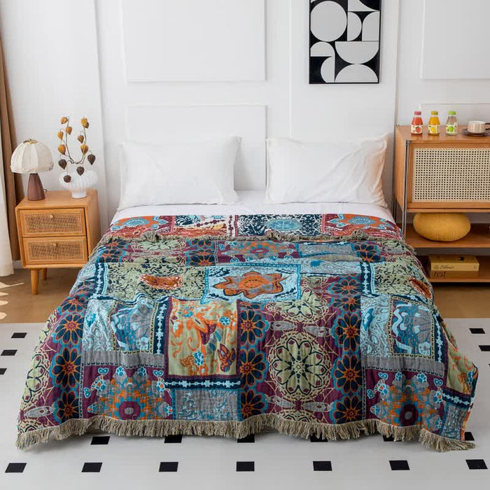 Ownkoti Boho Blue Floral Cotton Reversible Tassel Quilt