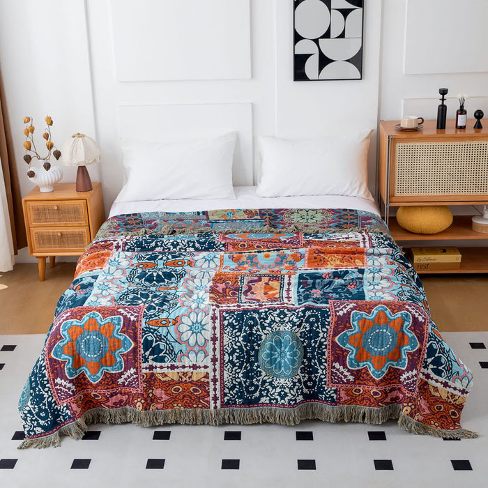 Ownkoti Boho Blue Floral Cotton Reversible Tassel Quilt