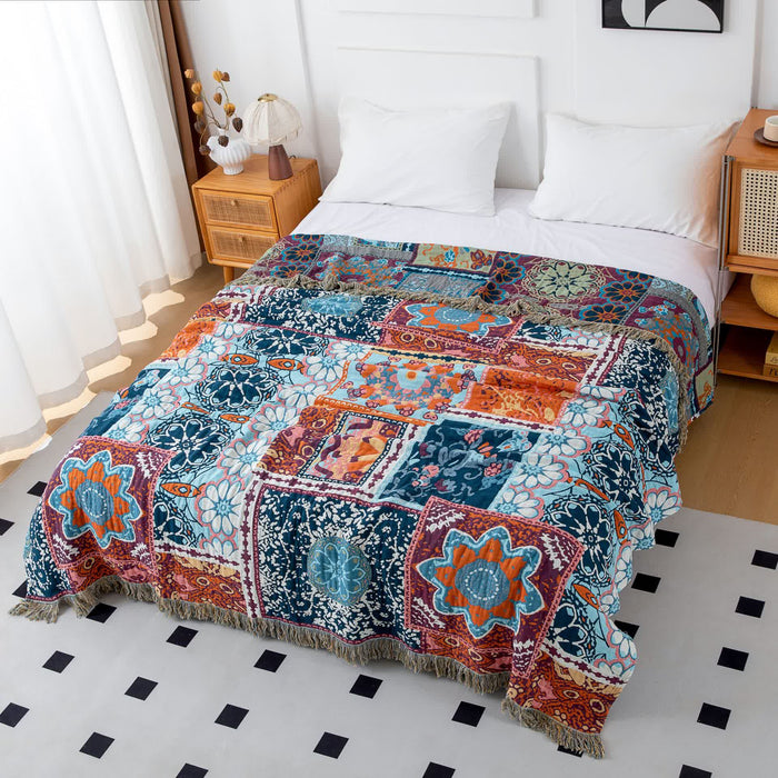 Ownkoti Boho Blue Floral Cotton Reversible Tassel Quilt