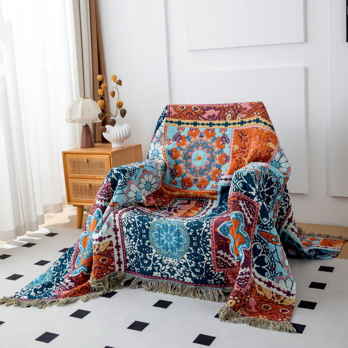 Ownkoti Boho Blue Floral Cotton Reversible Tassel Quilt