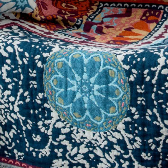 Ownkoti Boho Blue Floral Cotton Reversible Tassel Quilt