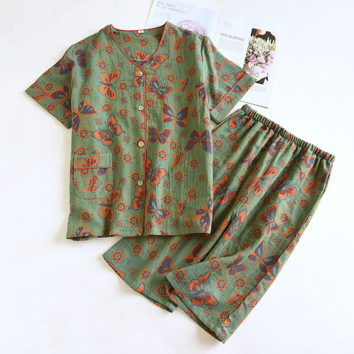 Ownkoti Butterfly Cotton Cropped Pants Loungewear Set