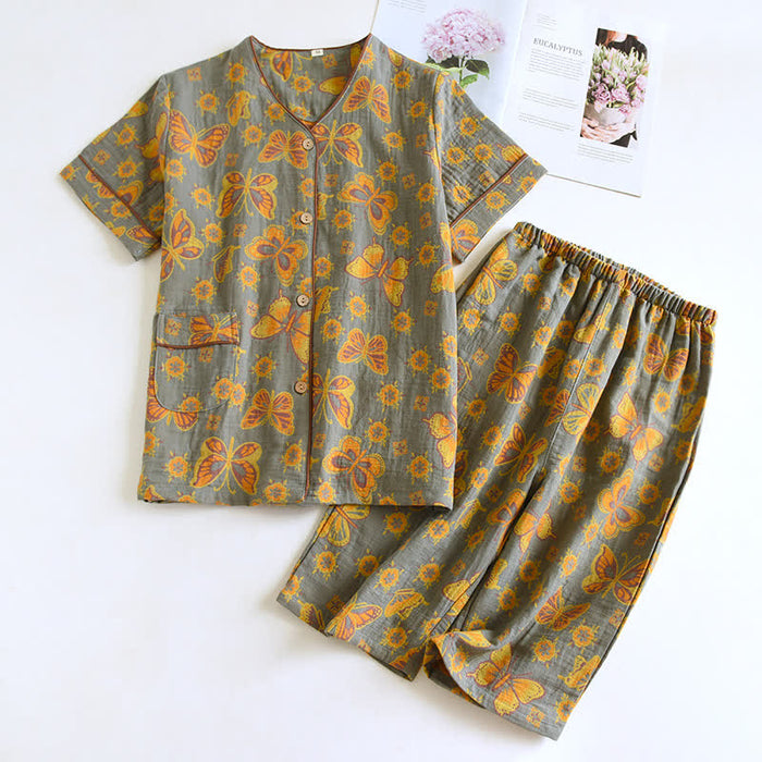 Ownkoti Butterfly Cotton Cropped Pants Loungewear Set