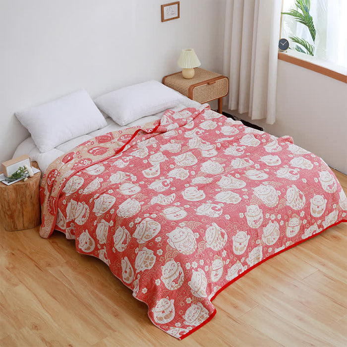 Ownkoti Cat Breathable Cotton Gauze Reversible Quilt