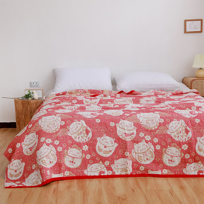 Ownkoti Cat Breathable Cotton Gauze Reversible Quilt