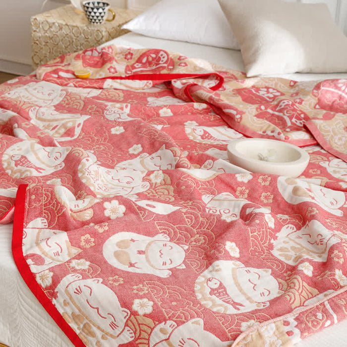 Ownkoti Cat Breathable Cotton Gauze Reversible Quilt