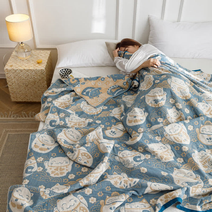 Ownkoti Cat Breathable Cotton Gauze Reversible Quilt