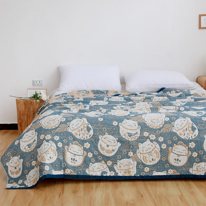 Ownkoti Cat Breathable Cotton Gauze Reversible Quilt