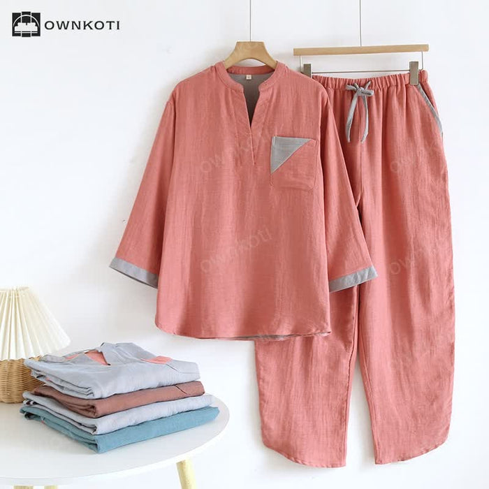 Ownkoti Colorblock Double Layer Cotton Gauze Pajama Set