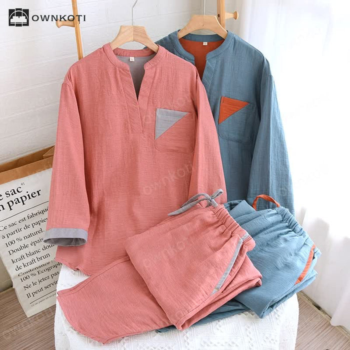 Ownkoti Colorblock Double Layer Cotton Gauze Pajama Set