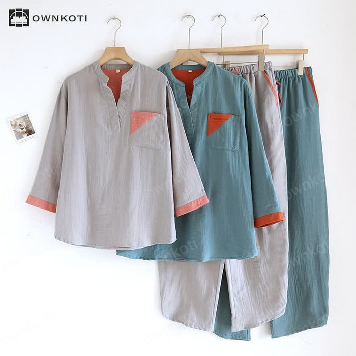 Ownkoti Colorblock Double Layer Cotton Gauze Pajama Set