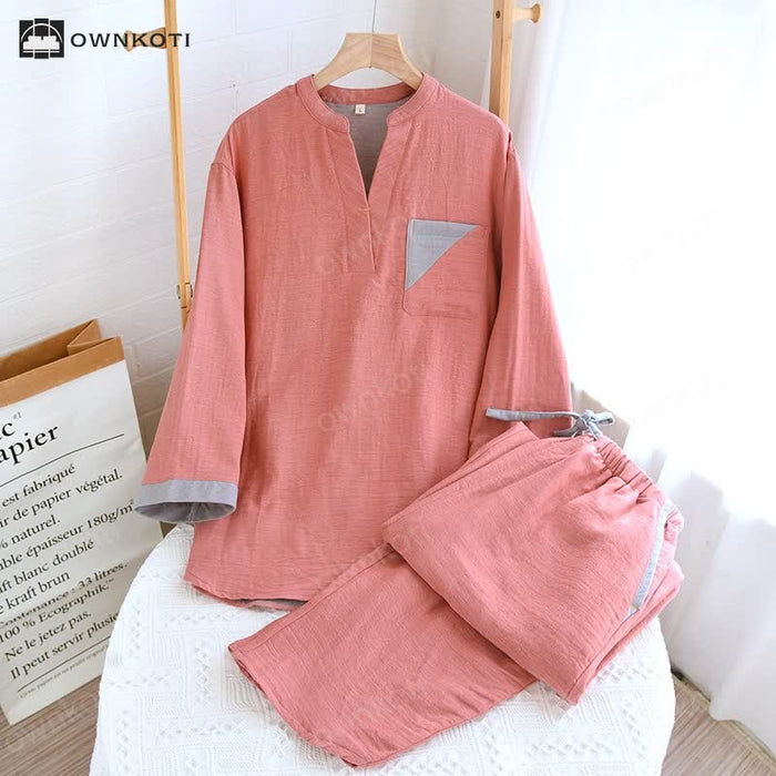 Ownkoti Colorblock Double Layer Cotton Gauze Pajama Set