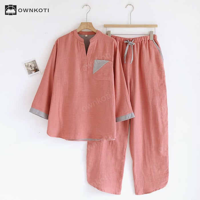 Ownkoti Colorblock Double Layer Cotton Gauze Pajama Set
