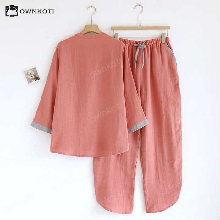 Ownkoti Colorblock Double Layer Cotton Gauze Pajama Set