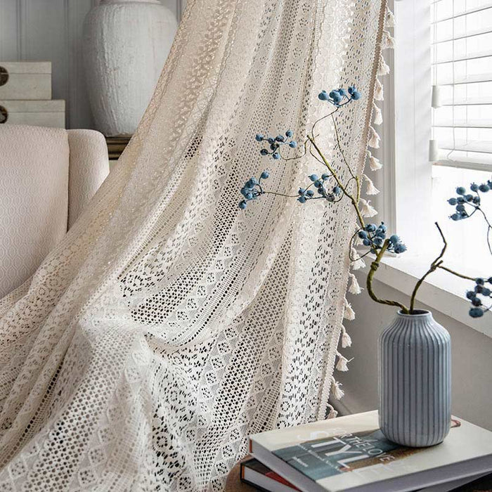 Cotton Beige Curtain Hollow-Out Tassel Drapes Curtains Ownkoti Hook 59"W×63"L