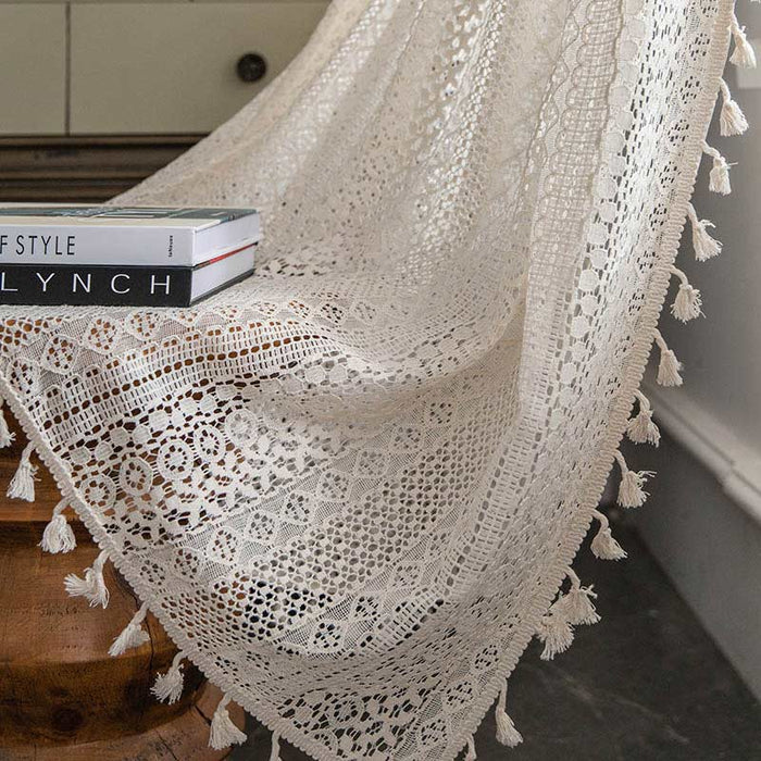 Cotton Beige Curtain Hollow-Out Tassel Drapes Curtains Ownkoti 2