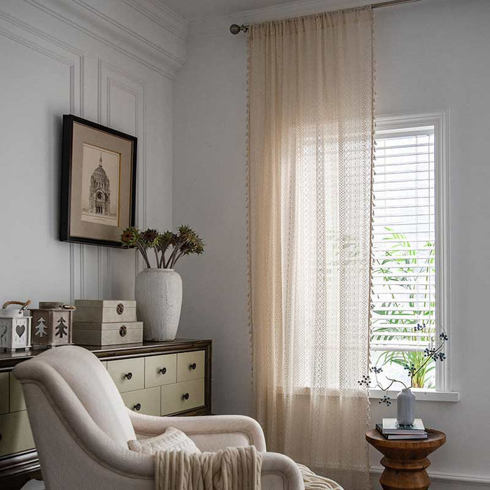 Cotton Beige Curtain Hollow-Out Tassel Drapes Curtains Ownkoti 3