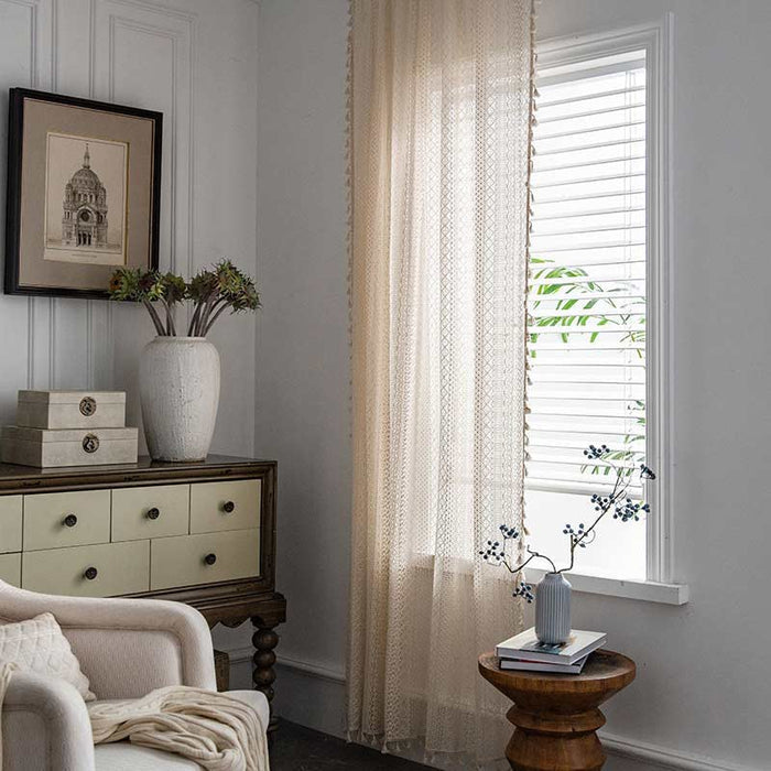 Cotton Beige Curtain Hollow-Out Tassel Drapes Curtains Ownkoti 4