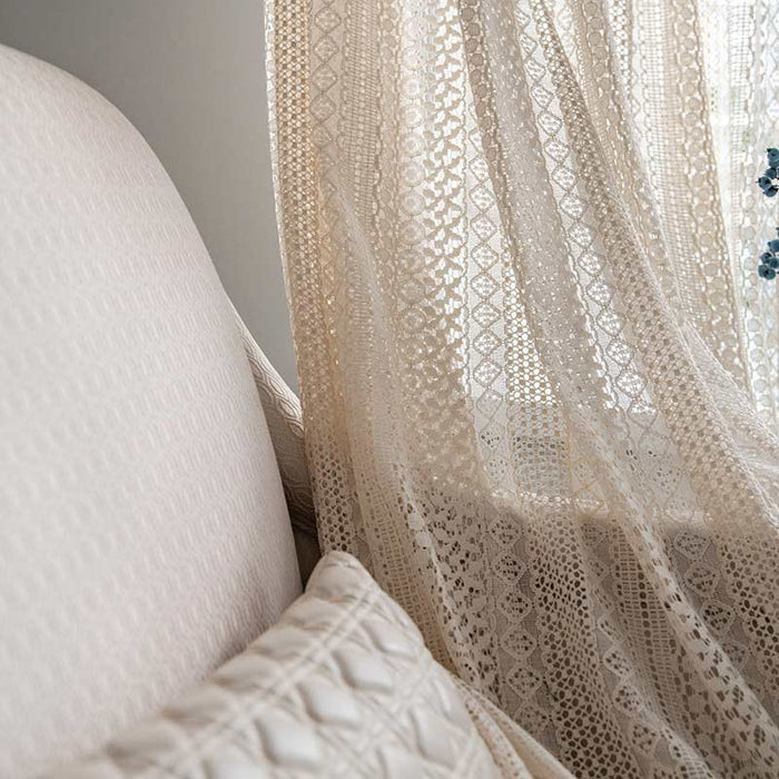 Cotton Beige Curtain Hollow-Out Tassel Drapes Curtains Ownkoti 6