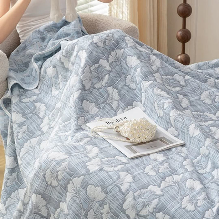 Ownkoti Cotton Gauze Blue Ginkgo Leaf Jacquard Quilt