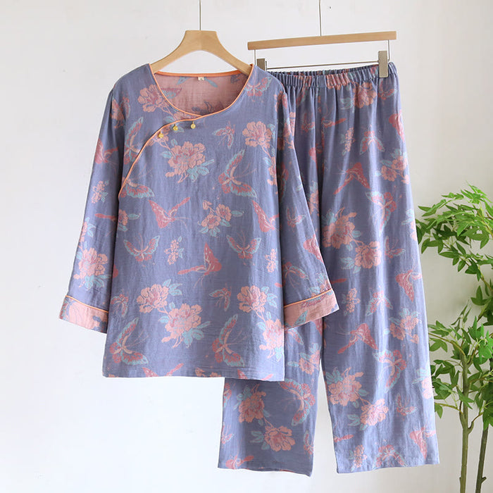 Ownkoti Cotton Gauze Butterfly & Floral Nightwear Set
