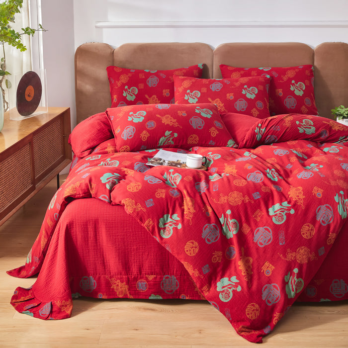 Ownkoti Cotton Gauze Chinese Character Bedding Set (4PCS)