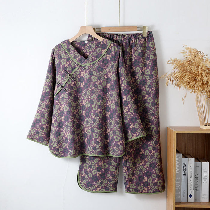 Ownkoti Cotton Gauze Floral Frog Closure Loungewear Set - Purple - XL - image 0